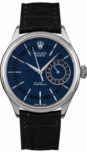 Rolex Cellini Date Blue Dial Orologio da uomo con cinturino in pelle nera 50519