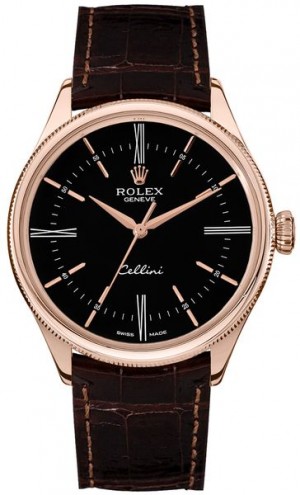 Rolex Cellini Time Black Dial Orologio da uomo con doppia lunetta nera 50505