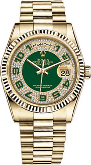 Rolex Day-Date 36 Green Diamond Pave Quadrante verde Quadrante d'oro Orologio 118238