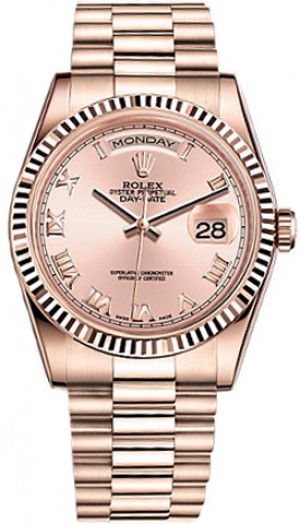 Rolex Day-Date 36 Orologio d'oro con quadrante rosa a numeri romani 118235