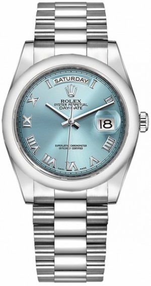 Rolex Day-Date 36 Ice Blue Roman Numeral Dial Watch 118206