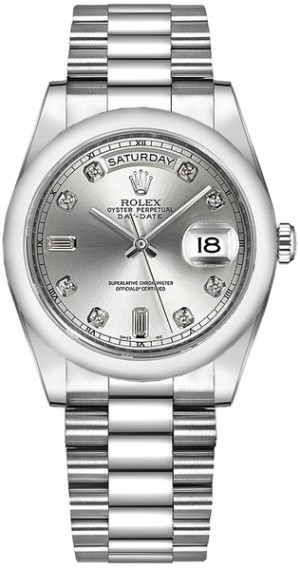 Rolex Day-Date 36 Silver Diamond Platinum Watch 118206