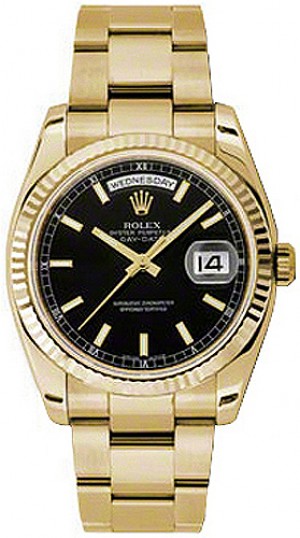 Rolex Day-Date 36 Nero Quadrante Nero Orologio Oyster Bracciale Oyster in oro 118238