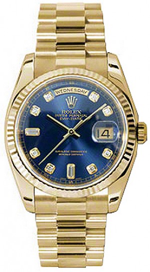 Orologio Rolex Day-Date 36 Blue Diamond Fluted Solid Gold Watch 118238