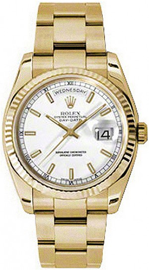 Rolex Day-Date 36 Quadrante bianco Orologio d'oro con lunetta scanalata 118238