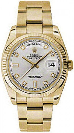 Rolex Day-Date 36 Silver Diamond Dial Orologio d'oro scanalato con quadrante in argento 118238